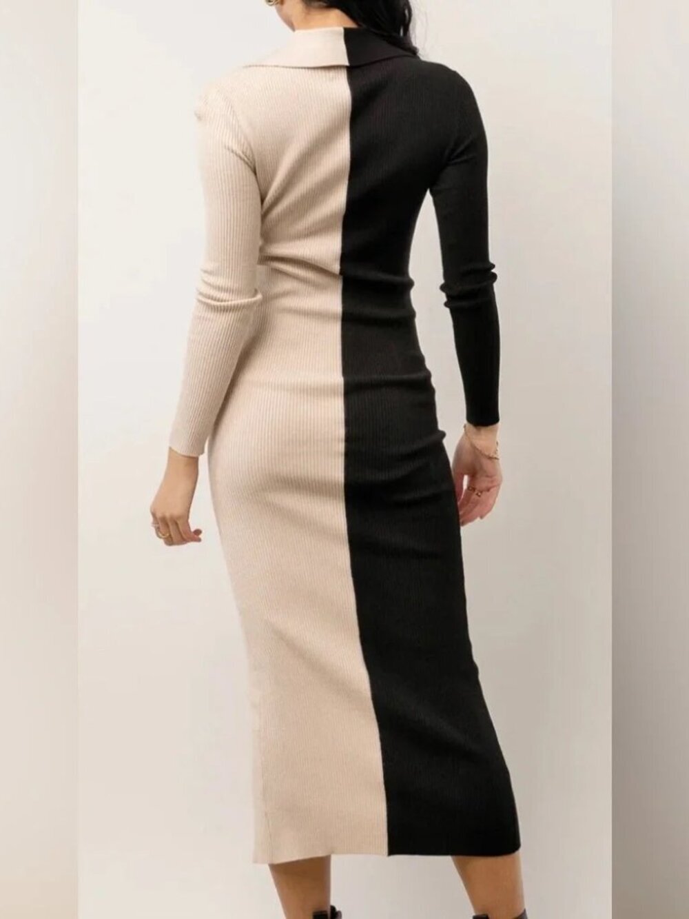 LUSH Black Taupe Colorblock Ribbed Knit Button Front Maxi Dress S - Picture 2 of 8